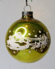 VTG pre WWII Glass Stencil Pictured SANTA Gift SLED Ball Christmas Ornament GOLD picture