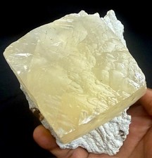 Calcite huge yellow crystal on Chalcedony base # 733 picture