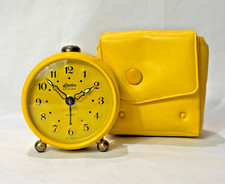 Vtg Linden Black Forest Clock Yellow Travel Alarm Wind Up W/ Case WORKS Germany picture