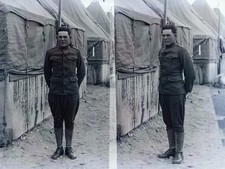 Vtg 5x7 Glass Negative Split Photo Ohio Soldier in Uniform at Camp by Tents WWI picture