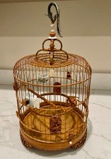 Vintage Chinese Carved Bamboo Bird Cage- Porcelain Feeders, Phoenix Hook picture