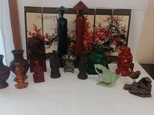 Lot Vintage Oriental Asian Statues Buddha Horse Wood Bird Vases Cinnabar picture