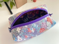 Japanese Vintage Kimono Silk Zipper Box Pouch Floral Purple& Multicolor handmade picture