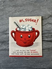 NOS Vintage Valentine Greeting Card Anthropomorphic Sugar Cube Bowl Beet Spoon picture