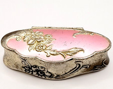 1950s Metal Pink Enamel Floral Hinged Trinket Vanity Box Lipstick Compact Holder picture