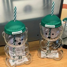 Starbucks Bearista Bear Clear Glass Tumbler 591ml 20oz Green Lid With Straw Cold picture