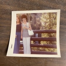 Vintage Snapshot Vacation Photo Big Hair Cat Eye Glasses Woman  At Waterfall picture