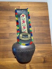 Vintage Large Swiss Alpine Cow Bell 18” Embroidered Leather Strap Folk Art picture