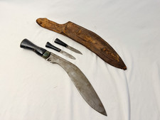 Old Vtg India Indian Army Kukri Gurkha Fighting Knife Blade Set Of 3 W/Scabbard picture