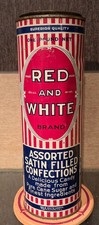 1930s RED & WHITE BRAND ASSORTED SATIN FILLED CONFECTIONS 1 POUND TIN CAN picture