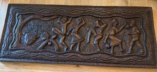 Vintage Wall Plaque African Haitian Wood Hand Carved Art Rectangle 32x13” Relief picture