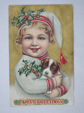 c1910s Embossed Postcard Christmas Greetings Dog & Girl Arthur Jensen Evan MN picture