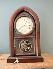 Antique Ansonia Walnut Pointed Gothic Arch Mantel Clock 8 Day Time Strike w/Key picture