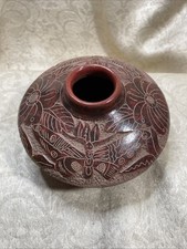 Jemez Pueblo Sgraffito Seed Pot/Vase/Hand-Carved Dragonfly & Florals/Signed picture