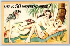 c1940's Sleeping Man Beach Bathing Beauties Life Is Different Here Postcard picture