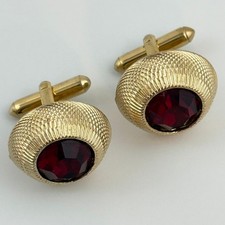 Vtg Gold Tone Oval Cufflinks Deep Red Stone Textured Dome Classic picture