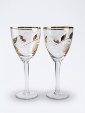 Vintage Gold Rim Wine Glasses Set of 2 Frosted Floral Etched Stemware 7