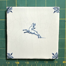 Vintage Royal Tichelaar Makkum Hand-Painted Delft Blue Tile – Leaping Hare picture