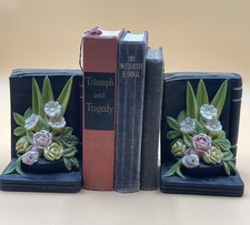 Vntg Italian Capodimonte Style Floral Chalkware Black Bookends w/Colorful Roses picture
