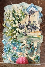 Antique German Mechanical Valentine Card 3D Pop Up Dove Daisies Forget Me Not picture