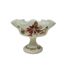 Fenton Hand Painted Poinsettia Satin Glass Compote Signed USA picture