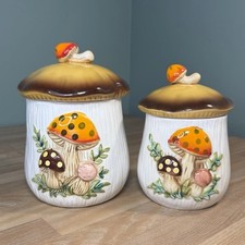 2 VTG 1978 Merry Mushroom Sears Roebuck & Co Ceramic Canisters Cottage 6.5” & 7” picture