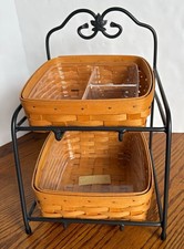 Longaberger wrought iron little bin 2 tier stand with baskets and protectors EUC picture