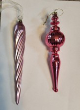 2 Vintage Pink Glass Christmas Ornaments Swirl Twist Icicle & Bright Finial NICE picture