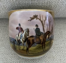 Antique Hand Painted Victorian Mustache Cup with Hunt Scene Horse Riding picture