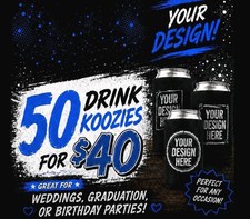 50 Custom 12 oz Black Drink Koozies – Personalized Can Cooler - Your Design Here picture