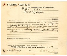 1895 Lycoming County, PA Court Subpoena for Witnesses in Juvenile Case picture