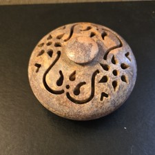 Mint Vintage Hand Carved Soapstone Incense Burner Round Trinket Box Pierced Lid picture