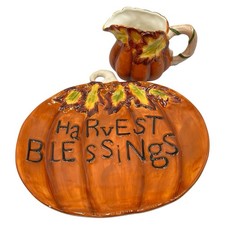 Harvest Spice Thanksgiving Blessings Ceramic Pumpkin Platter & Gourd Gravy Boat picture