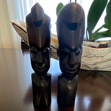 12”Pair of African Carved Male Female Wooden Bust Heads Hand Carved Ebony Wood picture
