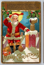 Red Robe ~Santa Claus on Snowy Roof  with Toys ~Antique Christmas Postcard~s545 picture