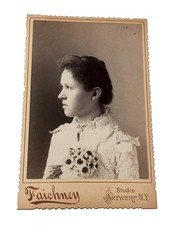 c1890's Victorian Era Cabinet Card Young Woman Holding Small Bouquet Faichney picture