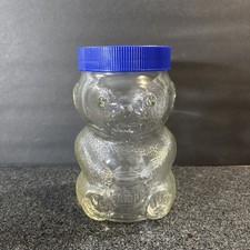 Vintage Skippy Super Chunk Peanut Butter Glass Bear Shaped Jar Collec Blue Lid  picture