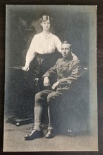 Antique RPPC Photo Postcard WWI Soldier Military Uniform & Woman AZO 1917-1918 picture
