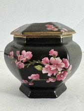 Antique Carlton Ware Black Porcelain Hair Receiver Cherry Blossom Vanity Jar 4” picture