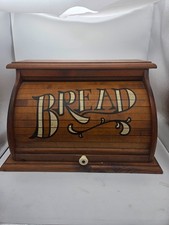  Vintage Wooden Bread Box with Roll-Top Lid and 'BREAD'  Lettering  picture