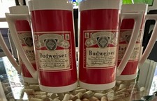 Vintage Budweiser Red & White Handled Beer Mugs/Glasses Set of 4 Breweriana picture