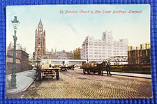 Vtg St Nicholas Church & New Tower Buildings Horse Buggy Liverpool Eng Postcard picture