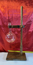 VINTAGE WOODEN GRIFFEN & GEORGE LABORATORY RETORT STAND & CLAMP & MONAX FLASK picture