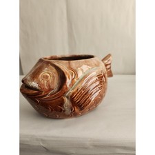 Vintage Ceramic Fish Planter Glazed Pottery Figural Novelty Brown Vase Bowl picture