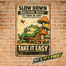 Relaxing Frog and Mushroom Art Metal Sign Whimsical Nature Decor 8x12 picture