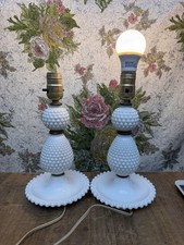 Vintage Pair White Milk Glass Hobnail Table Lamps Brass Cottagecore MCM Decor picture