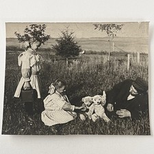 Antique Snapshot Photograph Adorable Twin Girls Jointed Steiff Teddy Bear picture