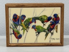 Vintage  Crane Creek Graphics Oak Trinket Box Ceramic Tile Lid Parakeets Signed picture