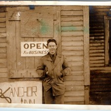 c1940s De Witt, AR Anchor Inn Storefront Sign Snapshot Photo Man Jacket Arkansas picture