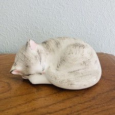 Vintage Enesco 1984 Sleeping Cat Figurine Porcelain Grey White Tabby Kitten 5